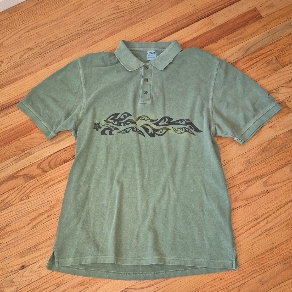 Crazy Shirts Hawaii Polo Shirt Ti Leaf Dyed Green Surf Linear Band Tribal XL